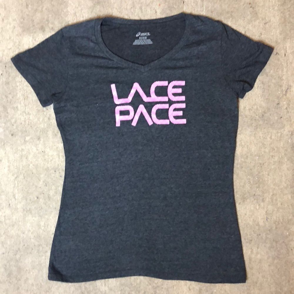 Vintage Asics “Lace Pace” V-Neck T-Shirt | Medium
